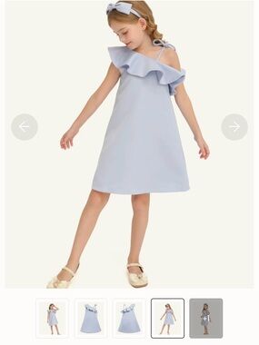 Girls Pale Blue One-Shoulder Ruffle Dress with Bow Strap